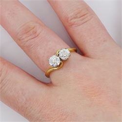 18ct gold old cut diamond two stone crossover ring, Sheffield 1995, total diamond weight approx 1.25 carat