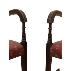 Pair early 19th century mahogany elbow chairs, centre rail pierced and carved with roundels, ring turned arm supports