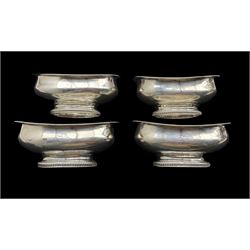 Set of four George III silver oval salts with reeded edge and short pedestal foot, each engraved '23rd Lt Drags' L19cm, London 1806 Maker Robert and Samuel Hennell 10.3oz
NB  The 23rd Regiment of Light Dragoons was reformed in 1803 with battle honours at Talavera, Peninsula, Egypt and Waterloo