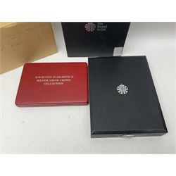 The Royal Mint United Kingdom 1972 - 1982 'The Queen Elizabeth II Collection' comprising four sterling silver proof crowns and 2008 'Royal Shield of Arms' proof collection, both cased with certificates 
