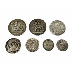 King George III 1814 three shilling bank token, 1820 half crown, two King George IV 1826 shillings, Queen Victoria 1897 florin and two crown coins dated 1894 and 1898 (7)