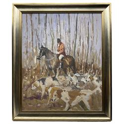 William Norman Gaunt (British 1918-2001): Huntsman with two Beagles in Woodland, oil on board signed 61cm x 50cm