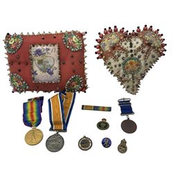 World War 1 pair of War medal and Victory medal to Pte A Harper, East Yorkshire Regt 38357, two Valentine bead work cushions, Womens Land Army and other badges etc