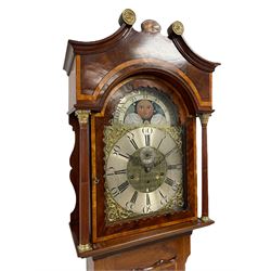 John Smith of Chester - late 18th century mahogany 8-day longcase, brass moon roller dial and three-train movement, with a swans necked pediment, brass paterie and an inlaid oval to the centre,  hood door with contrasting banding and scalloped edge, shaped back splats and reeded pilasters with Corinthian capitals, trunk with canted corners, wavy topped door with conforming banding and inlay, square plinth with an applied decorative base, brass dial with scroll spandrels, diagonally engraved dial centre, wide chapter ring with Roman numerals, five minute Arabic's and minute dots, seconds dial, date aperture and steel hands, makers name boldly engraved round the arch of the dial, rack striking movement with a recoil anchor escapement, striking the hours on one bell and the quarters on four. With three brass cased weights, pendulum and key.  John Smith (father and son) are recorded as working in Chester in 1753 and 1784, this clock is probably the work of John Smith II.

