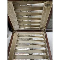 Early 20th century set of six fruit knives & forks with mother-of-pearl handles,  retailed by Harrods in mahogany case, 19th century oak two-division cutlery tray, Victorian mahogany picture frame, hand-painted with trailing flowers, glazed needle work tray etc