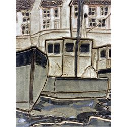 Burley pottery, Hampshire, studio pottery tile picture depicting a seaside town, mounted in pine frame, H54cm x W38cm