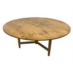 Treske Furniture - figured burr oak dining or centre table, circular top on three turned tapering supports with central hexagonal column