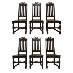 Set six 17th century design oak dining chairs, shaped cresting rail over vertical slat back, plank seat on turned supports joined by turned and plain stretchers 