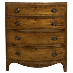 George III mahogany bow front chest of drawers, fitted with four crossbanded and graduated drawers, raised on bracket supports