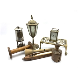 19th century treen pie mould, a weaving shuttle, brass and steel Protector Lamp & Lighting Co. Eccles Type G6RS miners lamp, brass cased carriage clock, brass trivet, brass lantern and other treen