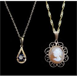 Gold sapphire and diamond chip pendant necklace and a gold cameo pendant necklace, all hallmarked 9ct