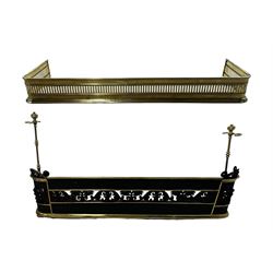 Victorian style cast iron and brass framed fire fender with pierced acanthus gallery and brass implement stands, L113cm together with a 19th century pierced brass fire fender of curved rectangular design, L108cm etc 
