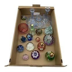Mary Gregory type bowl and glass bell, vintage dressing table set various paperweights including Caithness and other glass in one box
