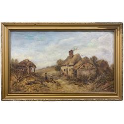 F Williams (British 19th century): Children and Kitten Playing Outside Country Cottage, oil on canvas signed and dated 1864, 29cm x 49cm