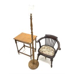 Early 20th century oak occasional table, raised on spiral turned supports with stretchers (W61cm) together with a beach standard lamp with spiral turned column (H166cm) and an early 20th century desk chair with double 'H' stretcher (W71cm)