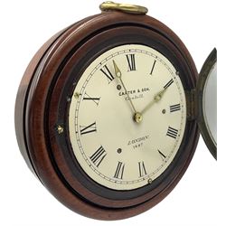 Carter & Son, Cornhill, London - mid 19th century carriage clock with pierced brass hands and a 5” painted dial dated 1887, with a polished mahogany case surround, brass hanging loop and glazed brass bezel, later French 8-day going barrel movement with a cylinder platform escapement, wound and set from the rear.
Clocks of this description are thought to have been used in private horse drawn carriages belonging to the gentry. Usually fitted with small 30-hour movements similar in size to a pocket watch movement.
This movement has been replaced at some time to give the clock a longer running period.
