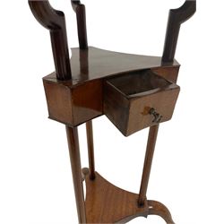 Unusual George III mahogany wig stand/table, probably adapted, with circular dished top and single drawer, on triform base with cabriole legs 