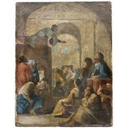 After Eustache Le Sueur (French 1616-1655) 'Saint Bruno Attends a Sermon by Raymond Diocrès', 18th century oil on canvas unsigned 33cm x 26cm (unframed)