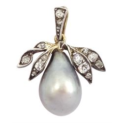 19th century silver and gold pearl and diamond pendant, silver grey pear shaped pearl suspended from old cut diamond set leaves and diamond set bail