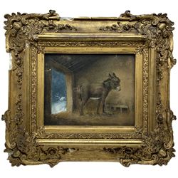 Attrib. Benjamin Zobel (German/British 1762-1830): Donkey Sheltering in Stable on a Winters Night, a 'Marmontino' sand picture on board unsigned, housed in ornate gilt frame 23cm x 30cm