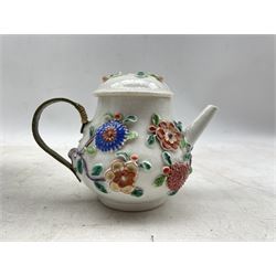 18th/ 19th century Chinese porcelain flower encrusted teapot with metal handle, Japanese Imari bowl (a/f) and a Japanese Satsuma hexagonal vase H19cm (3)