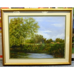 Fegan (20th century): Farmyard Pond, oil on board signed; R L Young (20th century): Cattle Grazing, pastel signed and dated '92; a watercolour and an equestrian print, max 47cm x 62cm (4)