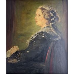 Sir William Blake Richmond RA (British 1842-1921): Portrait of 'Mary Viscountess Halifax' Seated Half Length Wearing Lace Trimmed Black Silk Gown, oil on panel unsigned, 19th century 'The Victorian Exhibition' label verso 79cm x 67cm
Provenance: property of a Nobleman 