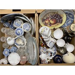Two boxes of ceramics and glass including Wedgwood Jasperware, glass dressing table set, collectors plates etc 