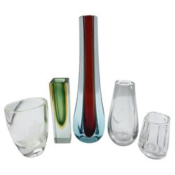 Luigi Mandruzzato, a Sommerso triple cased Murano glass vase, of square section H15cm, a Murano teardrop form cased glass vase, Orrefors glass bud vase etched with a bird perched on a branch, Strömbergshyttan glass vase etched with a Viking Ship and another Swedish glass vase etched with a Butterfly (5)