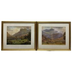 James Barnes (Lake District fl. 1870-1901): 'Helvellyn from Thirlmere' and 'Iron Crag Stonethwaite' in Autumn, pair watercolours signed and dated 1901 & 1902, titled inscribed and stamped with Keswick artist stamp verso 23cm x 30cm (2)