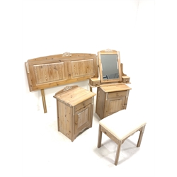Pair of pine bedside cabinets, each with drawer and cupboard, (W50cm) together with a matching headboard (W150cm) upholstered stool (W50cm) and a dressing table mirror, (W77cm)