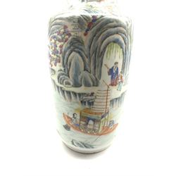 Chinese Republic porcelain vase,  painted with a mountainous, watery landscape scene, depicting figures on fishing boats and houses amidst rocks and pine trees, converted to electric, red seal to base, H45cm 
