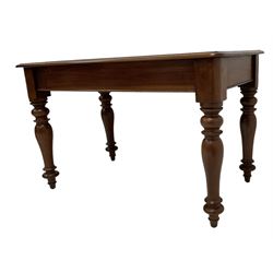 Late 19th century mahogany side table, rectangular top with moulded edge over plain frieze rails, raised on turned supports