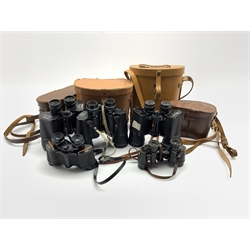  Pair of Prinz 8x30 binoculars, pair of Goerz Berlin binoculars and three others by Pathescope, Tasco and Omega  