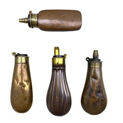 Sykes Patent copper and brass pistol powder flask, Dixon & Sons fluted copper pistol powder flask and two others, L13cm max (4)