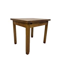 Early 20th century solid light oak draw and fold over extending dining table, raised on square moulded supports 76cm x 91cm, H82cm