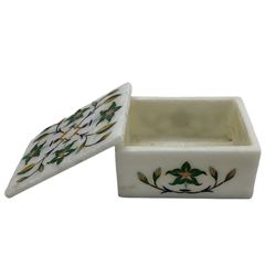 Tibetan octagonal brass box inset with turquoise etc W11cm, another decorated with trailing leaves, Indian box with mother of pearl inlay, another Indian box and a vase (5) 