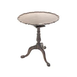Georgian Irish mahogany bird cage action occasional table, the circular top with pie crust edge over turned and acanthus leaf carved column leading to three splayed supports with ball and claw feet, D61cm, H72cm