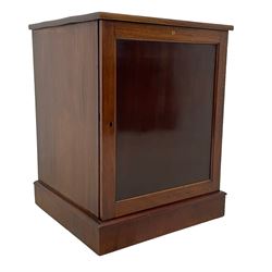 20th century mahogany pedestal collectors filing cabinet, the rectangular top over a single panelled door with a gilt painted 'O' to the top, concealing six graduating drawers with wood handles, raised on plinth base
Provenance: property of a gentleman