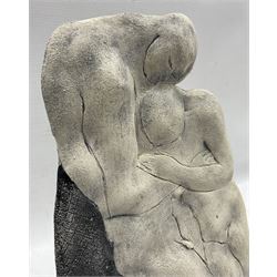 Jenny Rivron (British 1946-) Stoneware slab built sculpture of two lovers embracing 'Stay in the Warm Awhile' signed and titled on the base H31cm