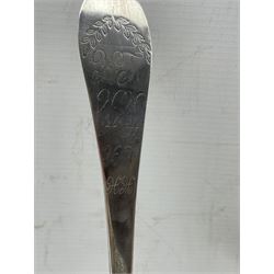 19th century Continental white metal soup ladle engraved with initials, pair of continental silver asparagus tongs and an 800 standard pastry slice