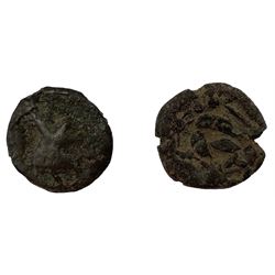 Iron Age bronze core for plated stater, gold Ferriby type, obverse depicting laureate head of Apollo, reverse showing horse beneath star, circa 20-50 BC; Iron Age bronze Potin, probably of the Thurrock type, Class I, obverse showing bust facing left, reverse deping a charging bull, circa 1st-2nd century BC, identified by York Museum (2)