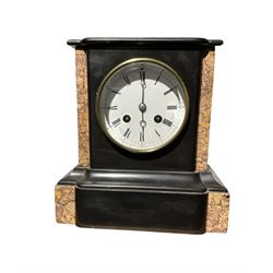 French - late 19th century 8-day marble and Belgium slate mantle clock, with a flat top, break front case on a broad plinth with contrasting variegated sienna marble panels, enamel dial with Roman numerals, minute track and steel spade hands, striking movement with a recoil anchor escapement, striking the hours and half hours on a bell. No pendulum.