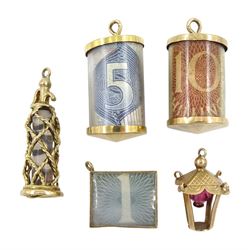 Five 9ct gold pendant/charms including soda stream, bank notes and lantern, all hallmarked