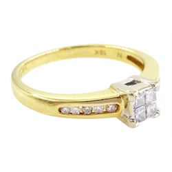 18ct gold four stone princess cut diamond ring, with channel set round brilliant cut diamond shoulders, stamped, total diamond weight 0.25 carat