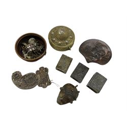 WMF style cast metal pin dish, Eastern Filigree half belt buckle, loose seed pearls, 19th century Eastern embossed brass box and cover, rings, three carved greenstone matchbox holders etc 