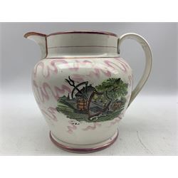19th century Sunderland large pink lustre jug with the Iron Bridge and Masonic emblems H23cm and another 'The New Bridge', verse and agricultural panel H22cm (2)
