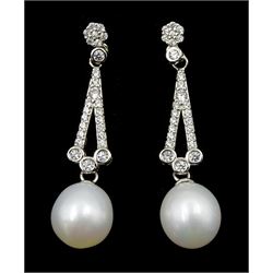 Pair of silver pearl and cubic zirconia openwork pendant stud earrings, stamped 925 