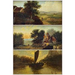 C Morrison (British 19th century): Country Scenes with Figures Cottage and Ship, set three oils signed and dated 1868 framed as single triptych each 9cm x 14cm