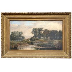 English School (19th century): Shepherd and Horses on Riverbank, oil on canvas signed with initials B C dated 1882, 45cm x 80cm
